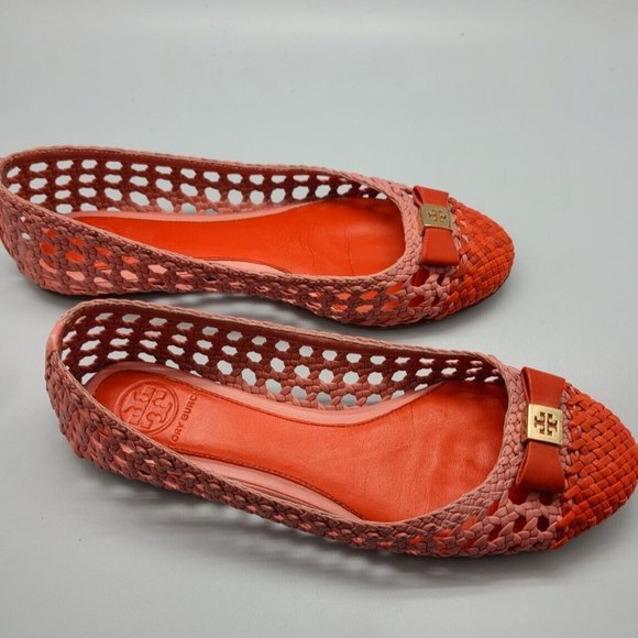 $275 Tory Burch Pink/orange Woven Carlyle Ballerina Flats Shoes, Sz 6,5 - Picture 4 of 6